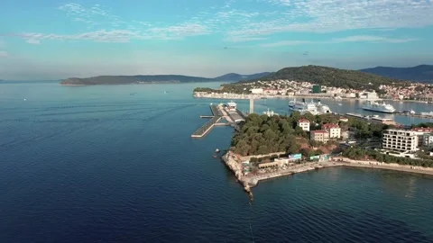 Aerial view over the  Grand Split city &amp; Bacvice Beach in summer morning Stock Footage 171829262