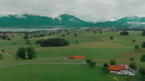 Aerial View over Green Meadows and Lake, Alpine Foothills, Drone Wide Shot Stock Footage 341446972