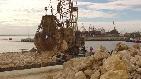 Aerial view over Heavy cargo boat platform with crane Stock Footage 61826778
