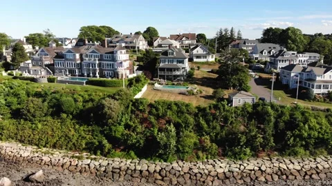Aerial view over the Hingham Crow Point Neighborhood full of luxurious Stock Footage 144389509