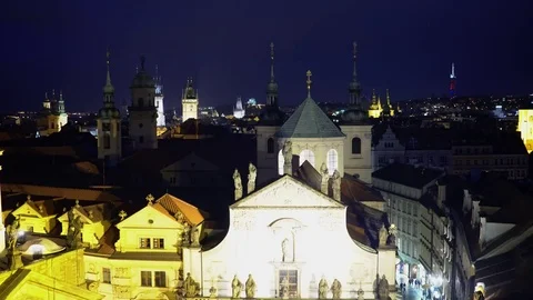 Aerial view over historic district in Prague by night Stock-Footage 73732553
