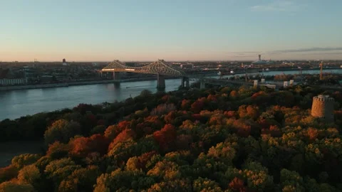 Aerial view over Jean Drapeau Parc in Montreal with a view on Jacques Stock Footage 275154782