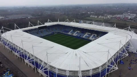 AERIAL VIEW OVER THE KING POWER STADIUM, LEICESTER Stock Footage 304892844
