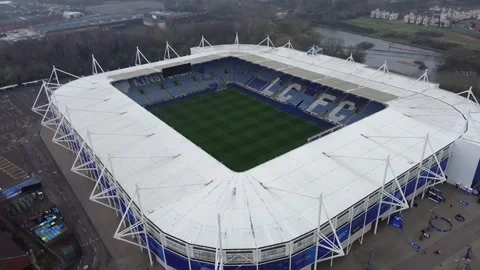 AERIAL VIEW OVER THE KING POWER STADIUM, LEICESTER Stock Footage 304892849