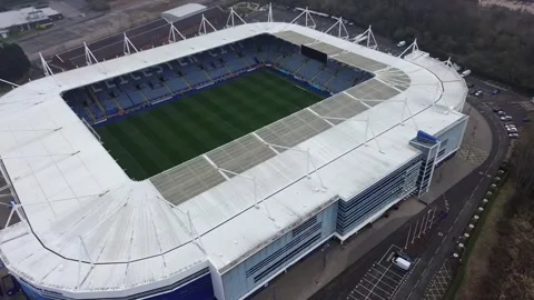 AERIAL VIEW OVER THE KING POWER STADIUM, LEICESTER Stock Footage 304892853