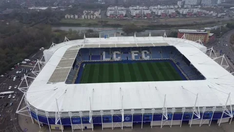 AERIAL VIEW OVER THE KING POWER STADIUM, LEICESTER Stock Footage 304892854