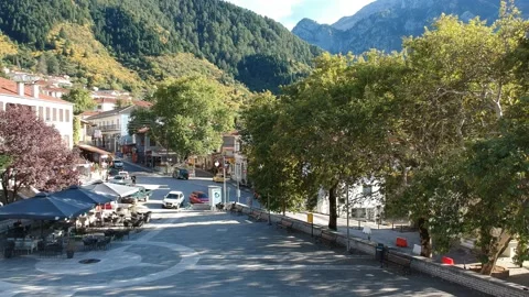 Aerial view over Konitsa town. Tymfi mount, Zagori, Epirus, Greece, Europe Stockbeeldmateriaal 166870153