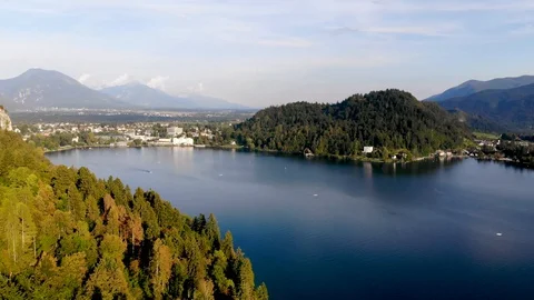 Aerial view over Lake Bled in Slovenia Stock Footage 129455641