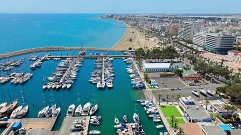 Aerial view over Larnaca Marina and coastline in Cyprus. Stock Footage 341546670