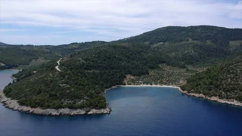 Aerial view over Leftos Gialos beach in Alonissos island, Sporades, Greece Stock Footage 135492018