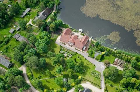 Aerial view over the manor at the pool Stock Photos