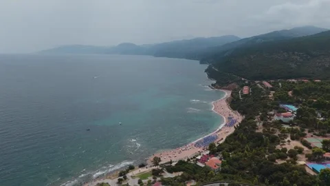 Aerial View Over Mediterranean Beach Resort and Seaside Greenery 库存影片 339878713