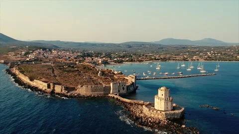 Aerial view over Methoni Castle and the fortified city in Messinia, Greece Stock Footage 136561433