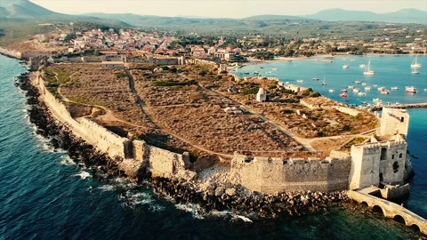 Aerial view over Methoni Castle and the fortified city in Messinia, Greece Stock Footage 136562313