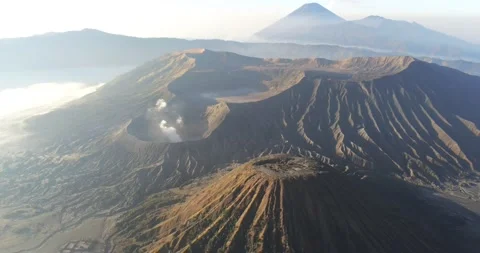 Aerial view over Mount Bromo volcano at sunrise Stock-Footage 142841732