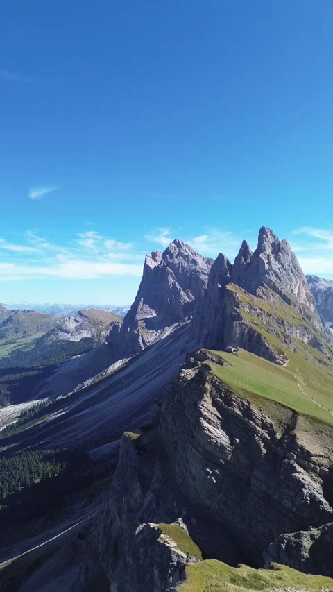 Aerial view over the mountain peak of Seceda Dolomites. Stock Footage 313683584