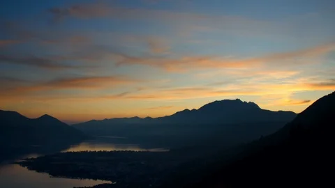 Aerial View over Mountain Range and Alpine Lake Maggiore in Sunset Stockbeeldmateriaal 127152865