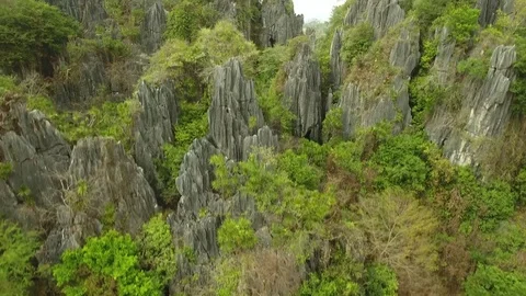 Aerial view over mountains with stone pillars and green vegetation, Cambodia Stock Footage 83535153