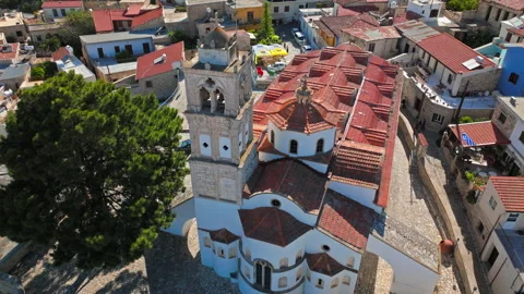 Aerial view over the narrow streets of Pano Lefkara in Cyprus. Stockbeeldmateriaal 341548347