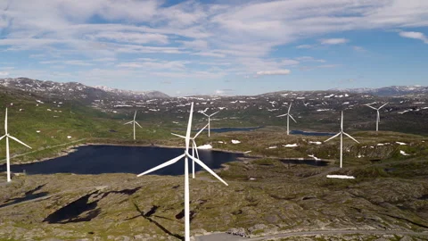 Aerial view over Narvik wind turbines spinning in green energy wind park Stockbeeldmateriaal 347878912