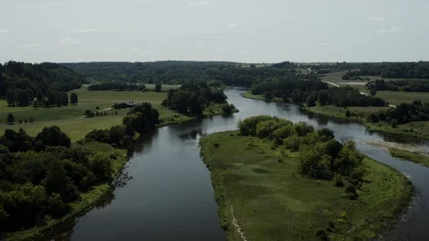 Aerial view over the Neris river in Kernave, Lithuania Stock Footage 113756717