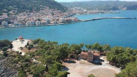 Aerial view over Nisis Kranai or Kranai Islet in Gytheio, Laconia, Greece Stock Footage 202691253