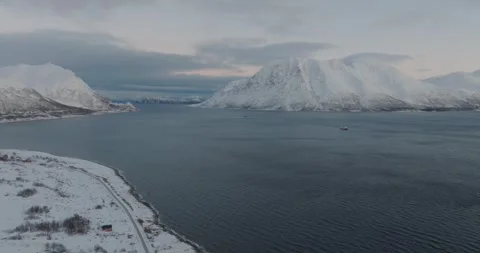 Aerial view over the ocean, beach sea in the Northern Norway Stock Footage 260413275