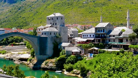 Aerial view over Old Bridge with its surroundings in Mostar Stock Footage 140428268