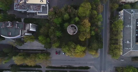 Aerial view over old destroyed water tower. Top down view. Stock Footage 151859629