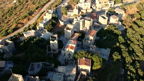 Aerial view over the old historical towers in Vathia village, Mani, Greece Stock Footage 139568099