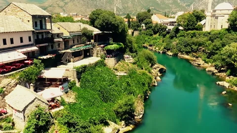 Aerial view over Old Mostar Town with river Neretva Stock Footage 140429283