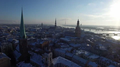 Aerial view over the Old Riga City Stock Footage