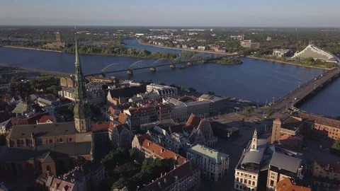 Aerial view over the Old Riga City Stock Footage 90787365