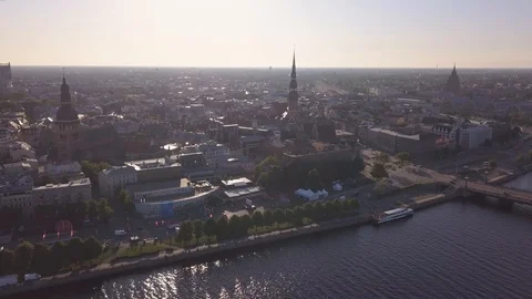Aerial view over the Old Riga City on sunrise Stock Footage 90791076