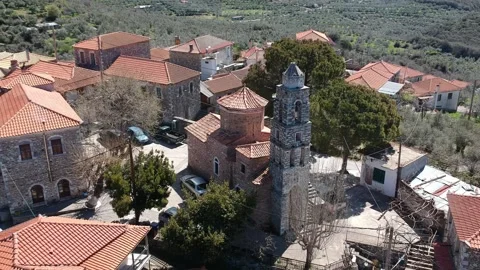 Aerial view over old stoned traditional church in Vorio village located nea.. 스톡 동영상 251039972