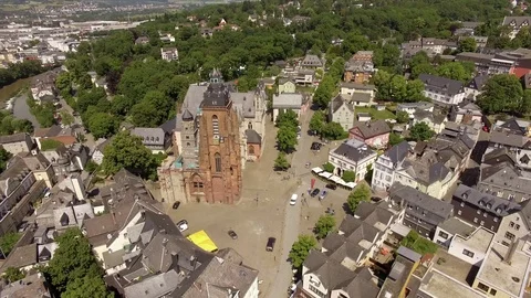 Aerial view over the old town of Wetzlarin germany  camera circle around the old Stock Footage 102822815