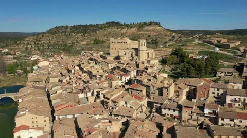 Aerial view over old town and castle in Valderrobres, Teruel, Spain Stock Footage 238368185