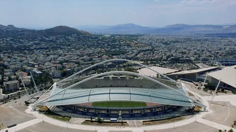 Aerial view over the Olympic Stadium of Athens Spyros Louis in Athens, Greece Stock Footage 135279877
