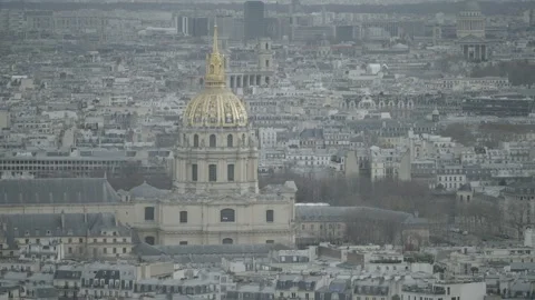 Aerial View Over Paris Rooftops with Golden Dome Stock Footage 341342135