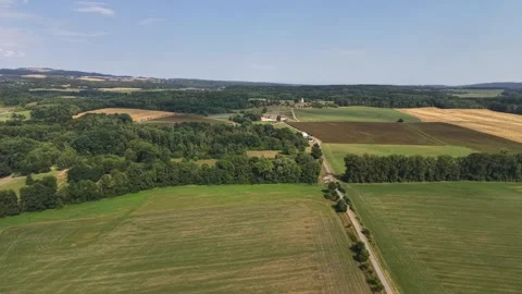 Aerial view over patchwork farmland, tree-lined road slicing through fields, Stock Footage 348504204