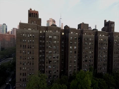Aerial view over the projects in Manhattan to reveal the lower Manhattan Stock Footage 77980514