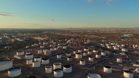 Aerial View Over Refinery and Large Fuel Storage Tank Farm Stock Footage 334952054