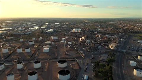 Aerial View Over Refinery Processing Units and Fuel Storage Tanks Stock Footage 334952295