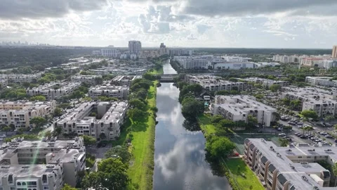 Aerial View Over Reflective Canal Residential Area Kendall Miami June 25th 2025 Stock Footage 311935995