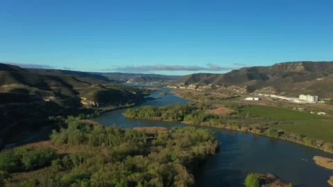 Aerial View over river Ebro near La Granja d'Escarp, Spain Stock Footage 237448598