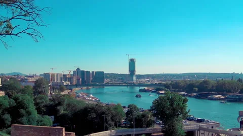 Aerial view over river Sava and Belgrade Water Front under construction. Stock Footage 162952807