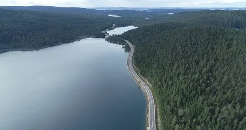 Aerial view over a road between, forest, a lake and mountains Stock Footage 113289037