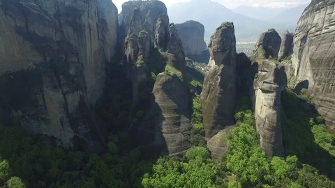 Aerial view from over the rocks around Kalambaka, Greece Stock Footage 84218656