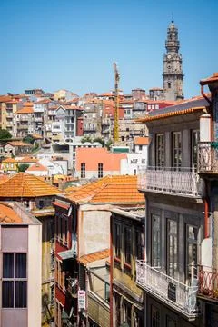 Aerial view over rooftops and Church of the Clerigos in Porto Stock Photos