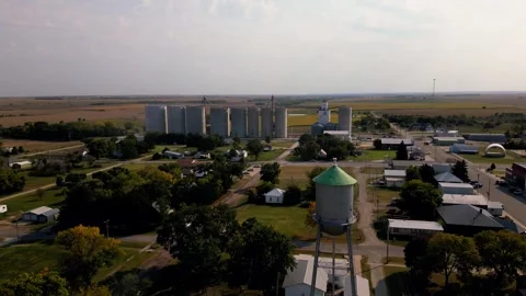 Aerial view over the rooftops of Lebanon toward the grain elevator Stock Footage 345532811
